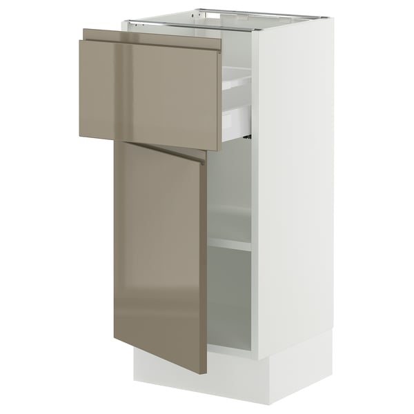 SEKTION / MAXIMERA Gabinete bajo+cajón/puerta, blanco/Voxtorp marrón grisáceo oscuro alto brillo, 15x15x30 "