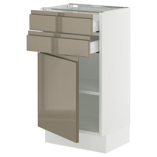 SEKTION / MAXIMERA Gabinete bajo+puerta/2 cajones, blanco/Voxtorp marrón grisáceo oscuro alto brillo, 18x15x30 "