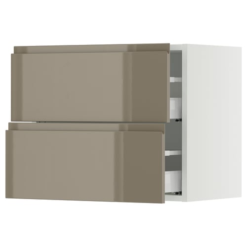 SEKTION / MAXIMERA Gabinete de pared+2 cajones, blanco/Voxtorp marrón grisáceo oscuro alto brillo, 24x15x20 "