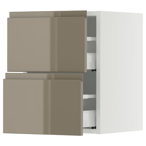 SEKTION / MAXIMERA Gabinete de pared+2 cajones, blanco/Voxtorp marrón grisáceo oscuro alto brillo, 15x15x20 "