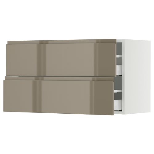 SEKTION / MAXIMERA Gabinete de pared+2 cajones, blanco/Voxtorp marrón grisáceo oscuro alto brillo, 36x15x20 "