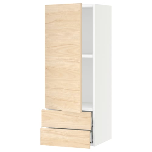 SEKTION / MAXIMERA Gabinete de pared+puerta/2 cajones, blanco/Askersund efecto de fresno claro, 15x15x40 "