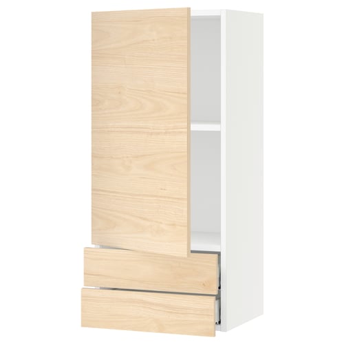 SEKTION / MAXIMERA Gabinete de pared+puerta/2 cajones, blanco/Askersund efecto de fresno claro, 18x15x40 "