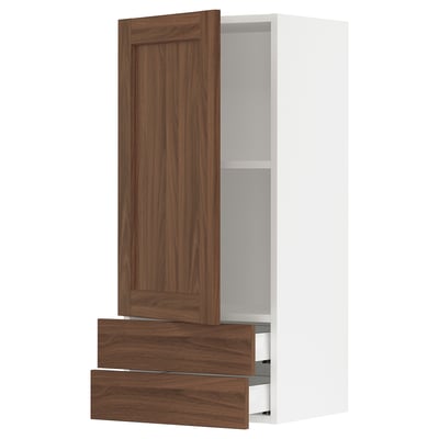 SEKTION / MAXIMERA Gabinete de pared+puerta/2 cajones, blanco Enköping/marrón efecto de nogal, 18x15x40 "