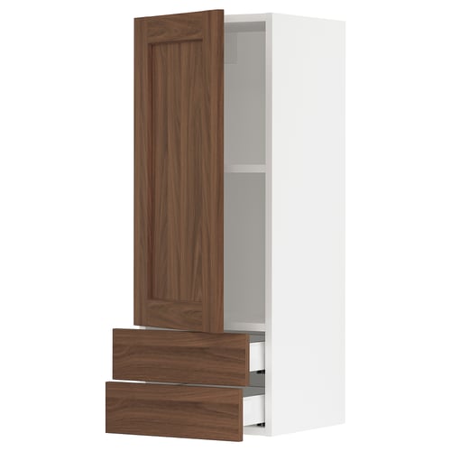 SEKTION / MAXIMERA Gabinete de pared+puerta/2 cajones, blanco Enköping/marrón efecto de nogal, 15x15x40 "