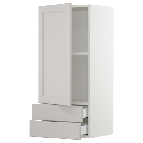 SEKTION / MAXIMERA Gabinete de pared+puerta/2 cajones, blanco/Lerhyttan gris claro, 18x15x40 "