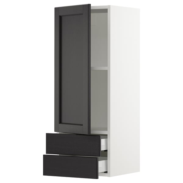 SEKTION / MAXIMERA Gabinete de pared+puerta/2 cajones, blanco/Lerhyttan teñido en negro, 15x15x40 "