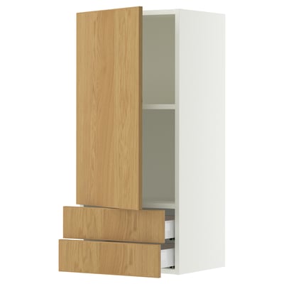 SEKTION / MAXIMERA Gabinete de pared+puerta/2 cajones, blanco/Sinarp chapa de roble, 18x15x40 "