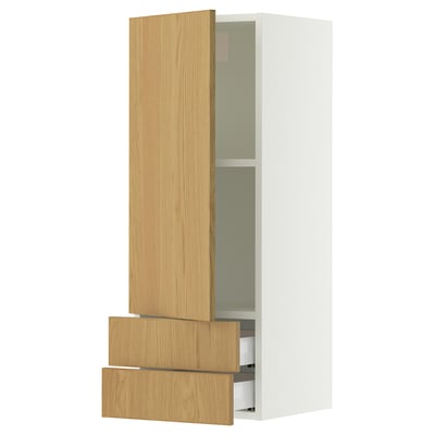 SEKTION / MAXIMERA Gabinete de pared+puerta/2 cajones, blanco/Sinarp chapa de roble, 15x15x40 "