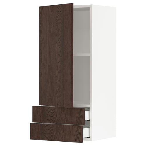 SEKTION / MAXIMERA Gabinete de pared+puerta/2 cajones, blanco/Sinarp marrón, 18x15x40 "