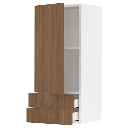 SEKTION / MAXIMERA Gabinete de pared+puerta/2 cajones, blanco/Tistorp efecto nogal marrón, 18x15x40 "