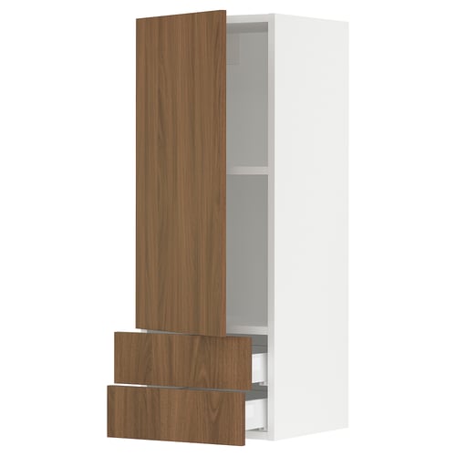 SEKTION / MAXIMERA Gabinete de pared+puerta/2 cajones, blanco/Tistorp efecto nogal marrón, 15x15x40 "