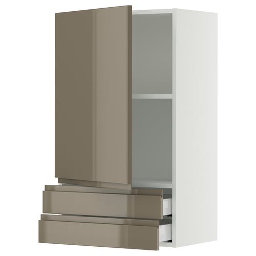 SEKTION / MAXIMERA Gabinete de pared+puerta/2 cajones, blanco/Voxtorp marrón grisáceo oscuro alto brillo, 24x15x40 "