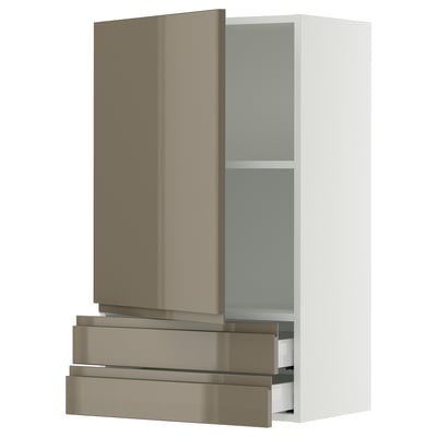 SEKTION / MAXIMERA Gabinete de pared+puerta/2 cajones, blanco/Voxtorp marrón grisáceo oscuro alto brillo, 24x15x40 "