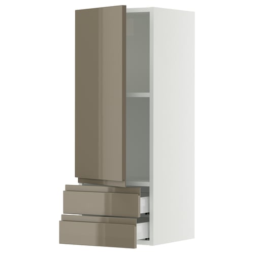 SEKTION / MAXIMERA Gabinete de pared+puerta/2 cajones, blanco/Voxtorp marrón grisáceo oscuro alto brillo, 15x15x40 "