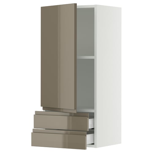 SEKTION / MAXIMERA Gabinete de pared+puerta/2 cajones, blanco/Voxtorp marrón grisáceo oscuro alto brillo, 18x15x40 "