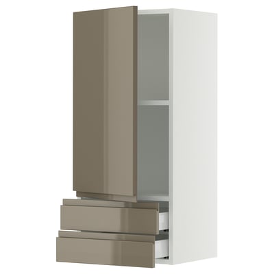 SEKTION / MAXIMERA Gabinete de pared+puerta/2 cajones, blanco/Voxtorp marrón grisáceo oscuro alto brillo, 18x15x40 "