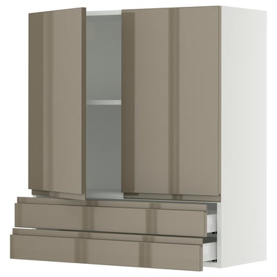 SEKTION / MAXIMERA Gabinete pared+2 puertas/2 cajones, blanco/Voxtorp marrón grisáceo oscuro alto brillo, 36x15x40 "