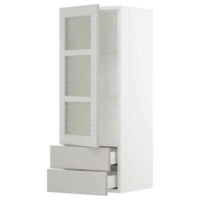 SEKTION / MAXIMERA Gabinete pared+puerta vidrio/2 cjn, blanco/Lerhyttan gris claro, 15x15x40 "