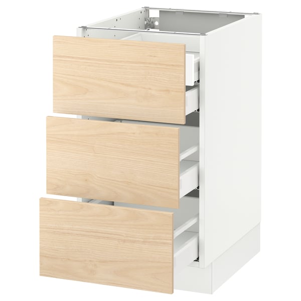 SEKTION / MAXIMERA Gabnete bajo+3 frentes/4 cajones, blanco/Askersund efecto de fresno claro, 18x24x30 "