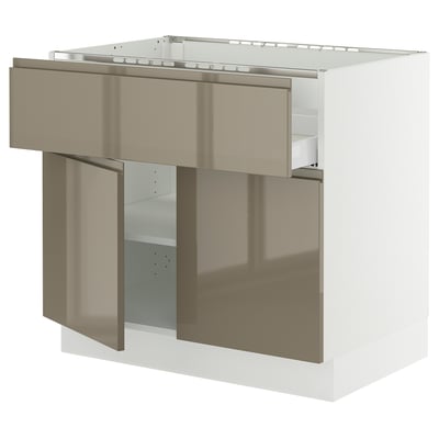 SEKTION / MAXIMERA Gbn bajo estufa/cajón/estantes/2prt, blanco/Voxtorp marrón grisáceo oscuro alto brillo, 36x24x30 "