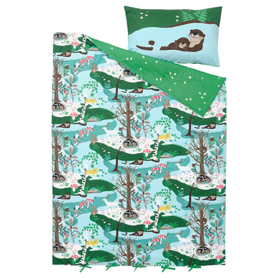 SKOGSDUVA Funda nórdica+funda de almohada, azul verde/motivo bosque, Tamaño twin