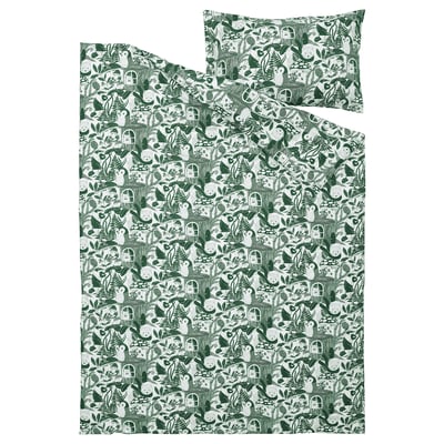 SKOGSDUVA Funda nórdica+funda de almohada, blanco verde/motivo bosque, Tamaño twin