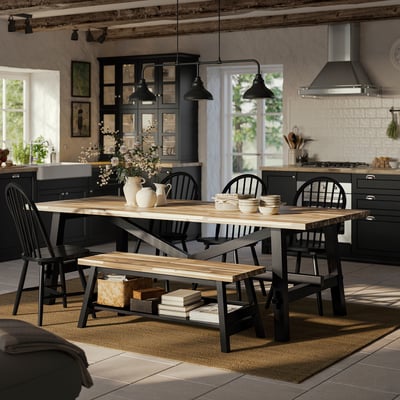 SKOGSTA / SKOGSTA Mesa+4 sillas+banca, acacia/negro/negro acacia/negro, 92 1/2x39 3/8 "