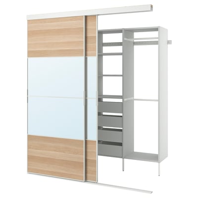 SKYTTA / AURDAL Vestidor+puertas corredizas, blanco Mehamn/Auli/efecto de roble teñido en blanco espejo de vidrio, 79 1/2x45 1/4x94 1/2 "