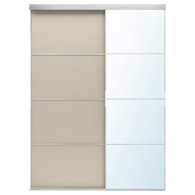 SKYTTA / MEHAMN/AULI Combinación puerta corrediza, aluminio doble cara/beige grisáceo espejo de vidrio, 69 5/8x94 1/2 "