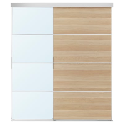 SKYTTA / MEHAMN/AULI Combinación puerta corrediza, aluminio doble cara/efecto de roble teñido en blanco espejo de vidrio, 69 5/8x80 1/2 "
