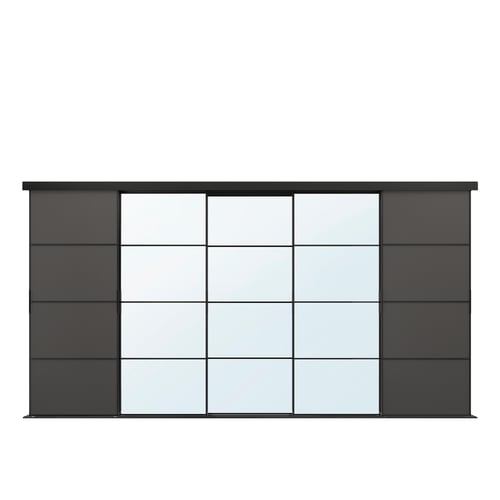 SKYTTA / MEHAMN/AULI Combinación puerta corrediza, negro/gris oscuro espejo de vidrio, 147 7/8x80 1/2 "