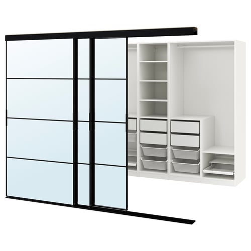 SKYTTA / PAX Vestidor+puertas corredizas, negro/Auli espejo de vidrio, 108 5/8x63x80 1/2 "