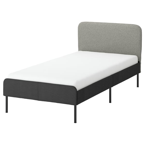 SLATTUM Base de cama tapizada, Vissle gris oscuro/incl funda para cabecera Öreryd gris/beige, Tamaño twin