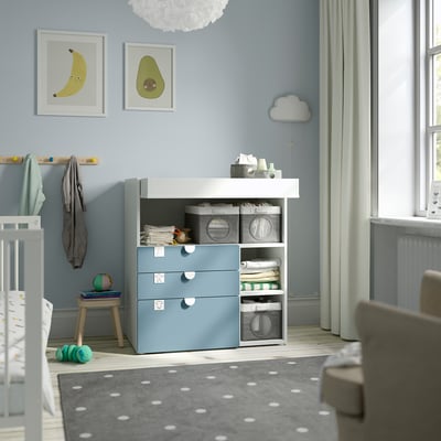 SMÅSTAD Cambiador, blanco azul/+3 cajones, 35 3/8x31 1/2x39 3/8 "