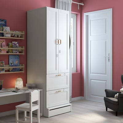 SMÅSTAD / UPPFÖRA Armario, blanco +marco/+2 cajones, 23 5/8x25 5/8x77 1/8 "