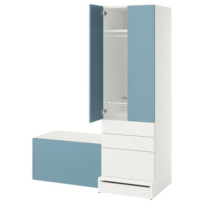 SMÅSTAD / UPPFÖRA Combinación de almacenaje, blanco azul/+banco, 59x25 5/8x77 1/8 "