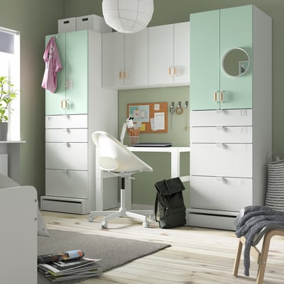 SMÅSTAD / UPPFÖRA Combinación de almacenaje, blanco/verde claro, 94 1/2x25 5/8x77 1/8 "