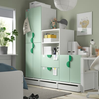 SMÅSTAD / UPPFÖRA Combinación de almacenaje, blanco/verde claro, 70 7/8x25 5/8x77 1/8 "