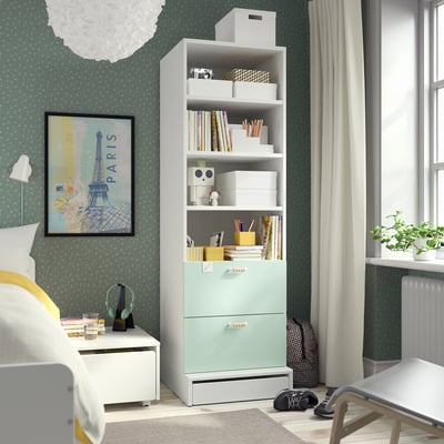 SMÅSTAD / UPPFÖRA Librero, blanco verde claro/+2 cajones, 23 5/8x25 5/8x77 1/8 "