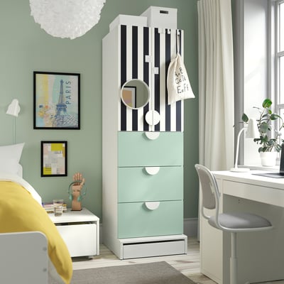 SMÅSTAD / UPPFÖRA Ropero, blanco raya/verde claro +3 cajones, 23 5/8x25 5/8x77 1/8 "