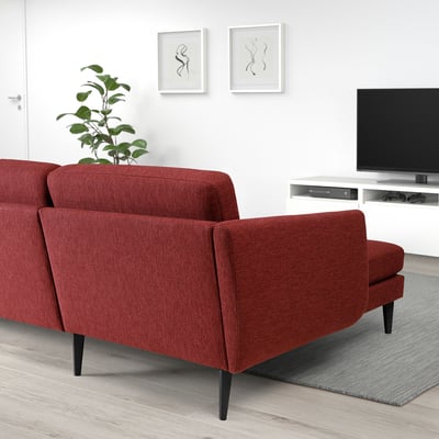 SMEDSTORP Sofá 4 plazas+chaise longue, Lejde rojo/marrón/negro