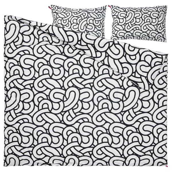 SÖTRÖNN Funda nórdica+funda(s) de almohada, blanco/negro/con diseño, Tamaño Full/Queen (Doble/Queen)