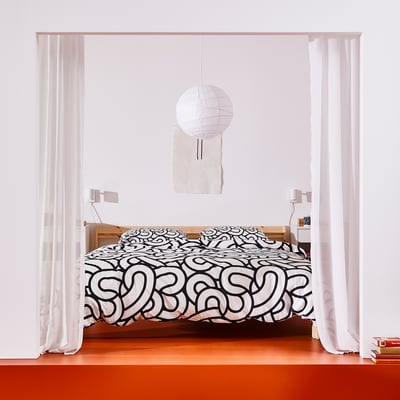 SÖTRÖNN Funda nórdica+funda(s) de almohada, blanco/negro/con diseño, Tamaño King