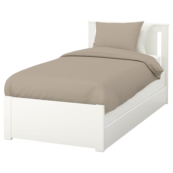 SONGESAND Base de cama+2 cajas almacenamiento, blanco/Luröy, Tamaño twin