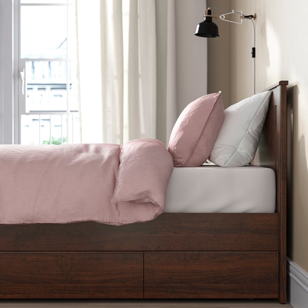 SONGESAND Base de cama+2 cajas almacenamiento, marrón/Lönset, Tamaño twin