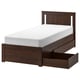 SONGESAND Base de cama+2 cajas almacenamiento, marrón/Lönset, Tamaño twin