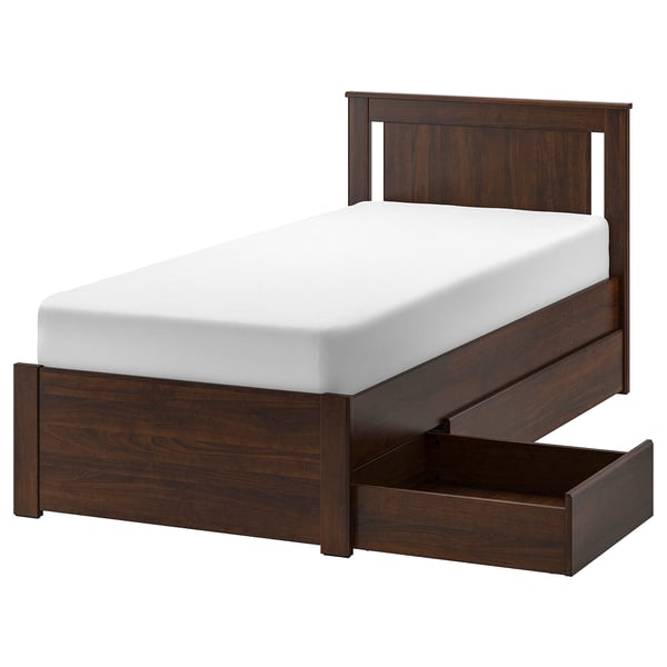 SONGESAND Base de cama+2 cajas almacenamiento, marrón/Luröy, Tamaño twin