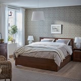 SONGESAND Base de cama+4 cajas almacenamiento, marrón/Lönset, Tamaño queen