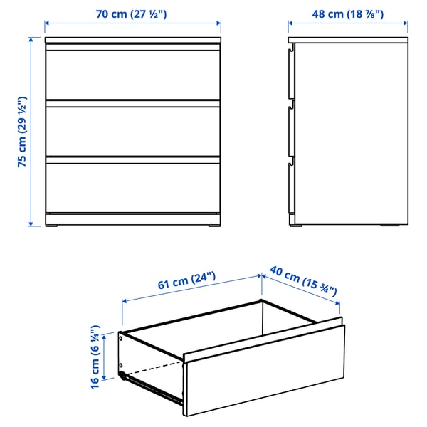STORKLINTA Cómoda de 3 cajones, marrón oscuro/efecto de roble función de anclaje/desbloqueo, 27 1/2x18 7/8x29 1/2 "
